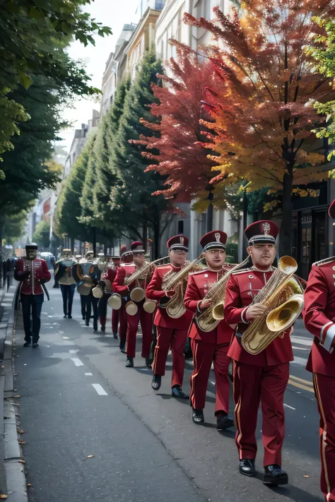 brass band wearing red colors on an avenue