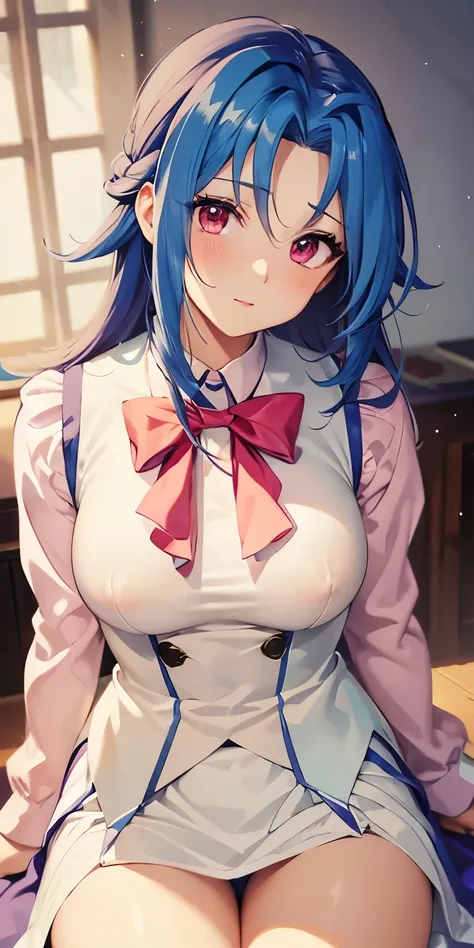 1 Female,High definition,high resolution,Ultra-realistic,8K, kr1, multicolored hair, dyed bangs, long sleeves, bow,pink dress, white vest,white skirt,European,sexy,Upper body close-up,Photographed from the front,Dynamic Angles,private teacher,blush, nipple...