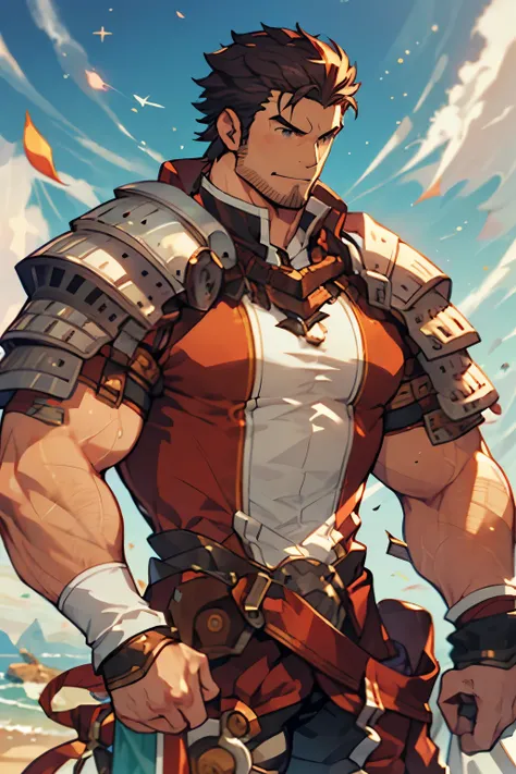 Large medieval kingdom in the background, old mature muscular male, black hair, very short hair, undercut hairstyle, undercut hair, undercut, ((black beard))), ((((stubble:1.0))), goatee, green eyes, bright eyes, 48 years old, bara, muscular male, tall, la...