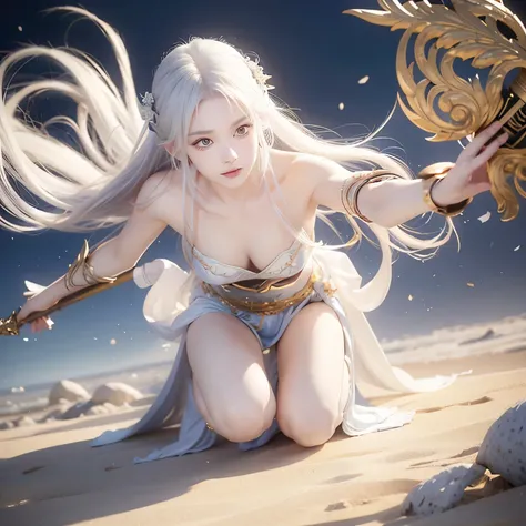 「With flowing white hair、Create an illustration of a powerful fantasy warrior with two swords, one yellow and one red。The warrior is、Partially submerged in sand、Poses as if jumping towards you with determination。The warriors crossed their arms、Each one has...