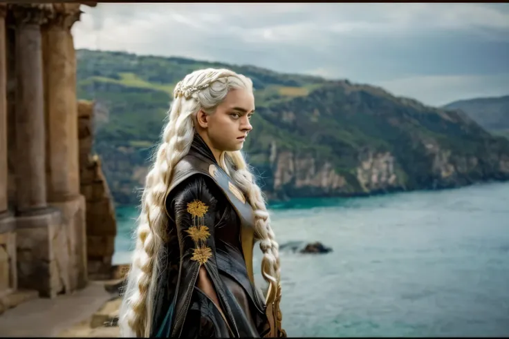 Black anime girl with long white hair in a silver|white armor, yellow eyes, with a sword, game of thrones style, dreads, dark castle in background, ocean coast, realistic, best quality, highly detailed high saturation
