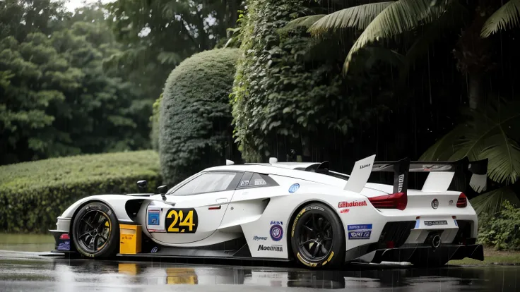 LMP car from the 24h of Le Mans in tropical forest stopped in rain