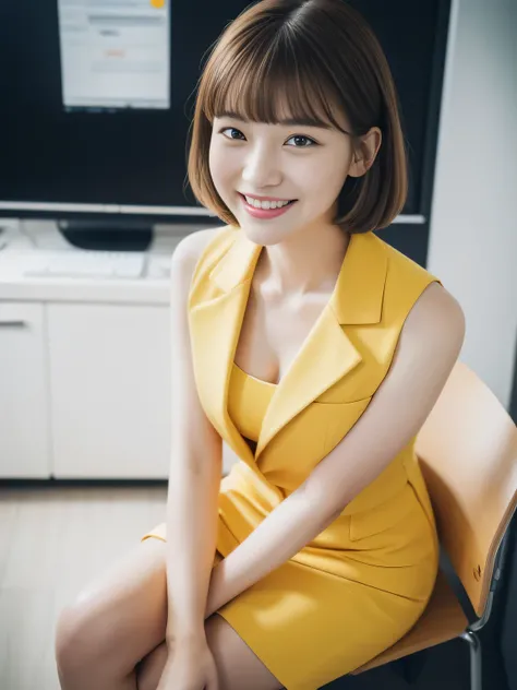 ((Highest quality, 8K, masterpiece: 1.3)), beautiful girl, Pure, Melon face, Kind and cute, sweet smile, Pure desire, Slender body, (front), (Tilt your head), ((Looking into the camera)), Yellow office suit and short skirt, Black Short Hair,  Flowing shoul...