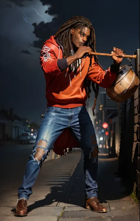 1man, dark chocolate skin, face looks like young michael jackson, slim muscular build, muscular body, long 4 foot dreadlocks, long dreadlocks, wearing dark blue jeans and red hoodie, standing on a cobblestone road, fighting stance, steelpan instrument over...