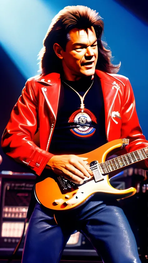 eddie Van halen, ON STAGE PLAYING ELETRIC GUITAR, STAND FULL BODY,MULTI COLOR JACKET,WHYTE PENTS