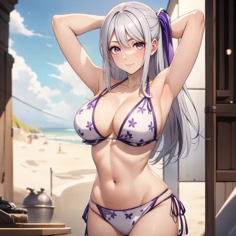 Syne Lokk , 25 year old woman, short silver hair. silver eyes, shy smile, big breasts, a violet ribbon on her head, big breasts, Bikini, background a beach. 1 sola mujer, mujer sola. de pie, manos detrás de la cabeza. manos detrás de la cabeza.