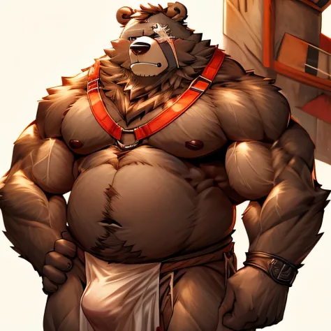 Furry Bear, Kemono, Goggles, Wears a Harness, Loincloth, Hairy body, Pectorals, Erect nipples, Muscular fat man, Large bulge, chubby,