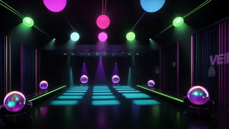 "Create a detailed 70s disco scene/80s in retro style, with mirror globes reflecting colored lights throughout the room. Huge speakers are strategically positioned, emanating a pulsating beat that fills the space with energy. Strobe lights flash to the bea...