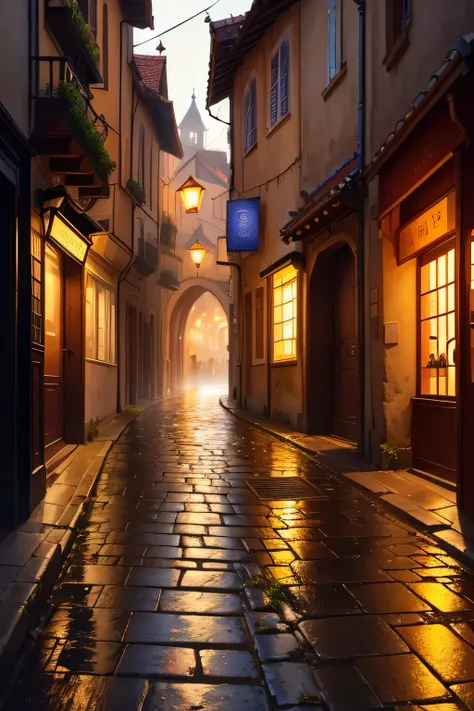 ((best qualityer)), ((work of art)), (detailded), a medieval city, there are no people on the streets, stone streets ,heavy rain day, dark lighting, oil lanterns illuminate ,detailed shadows 