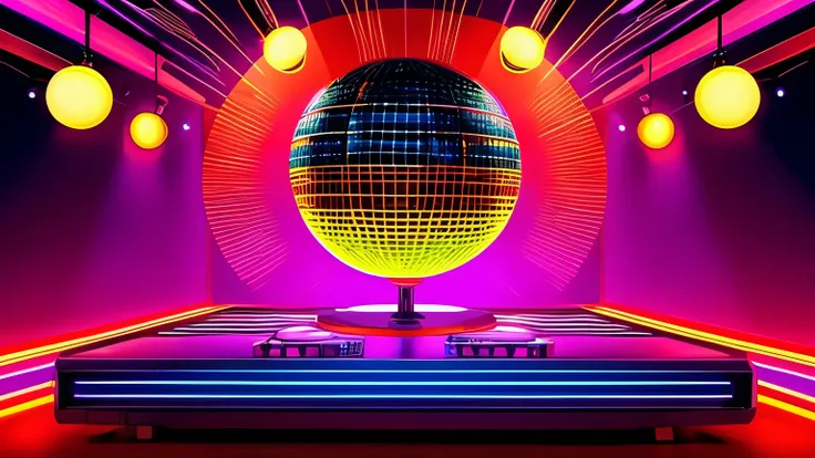 "create a detailed 70s disco scene/80s in retro style, with mirror globes reflecting colored lights throughout the room. huge sp...