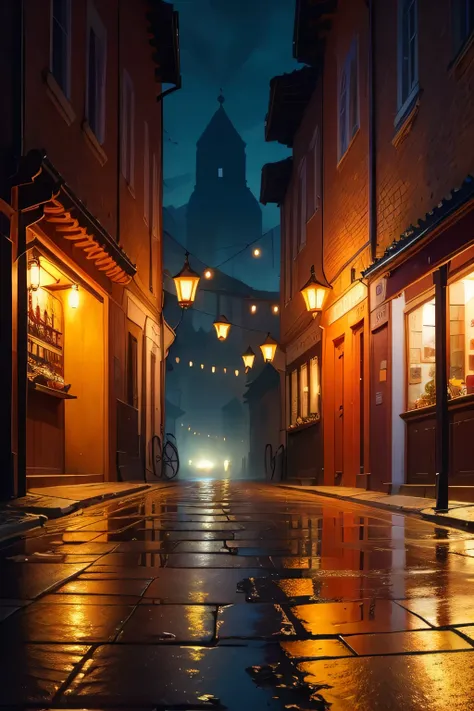 ((best qualityer)), ((work of art)), (detailded), an empty medieval city, there are no people on the streets, stone streets ,intense heavy rain night, dark lighting, few oil lanterns illuminate everything ,detailed shadows 