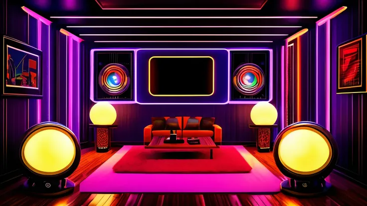 "create a detailed 70s disco scene/80s in retro style, with mirror globes reflecting colored lights throughout the room. huge sp...