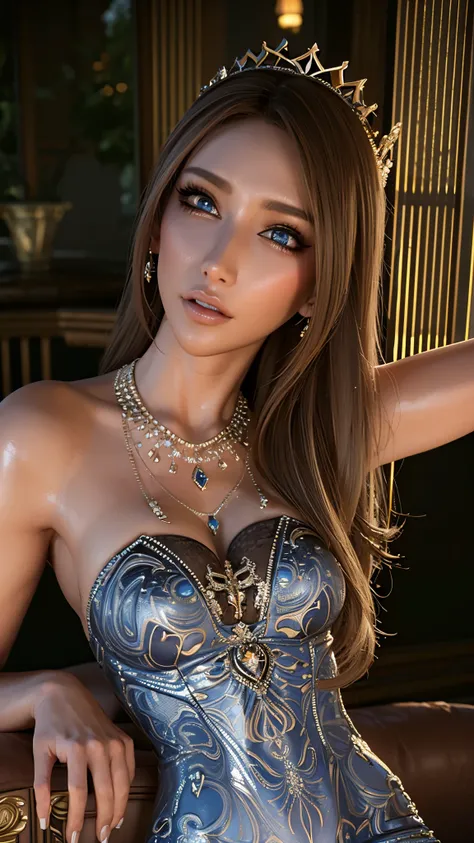 Game Art，Best image quality，Maximum resolution，8K，(A half-length photo)，(portrait)，(Head close-up)，(Rule of Thirds)，Unreal Engine 5 rendering works，20 year old girl，((Queen))，The eyes are very detailed，(Large Breasts)，Elegant and noble，Light，Light line tra...