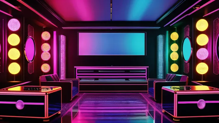 "create a detailed 70s disco scene/80s in retro style, with mirror globes reflecting colored lights throughout the room. huge sp...