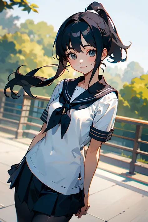 In the best quality、Teenage girl standing outdoors。In high resolution、Beautiful details、Quiet atmosphere。Black hair ponytail、Cute Smile.。Small breasts、Short-sleeved sailor uniform、Pleated skirt、Black tights。