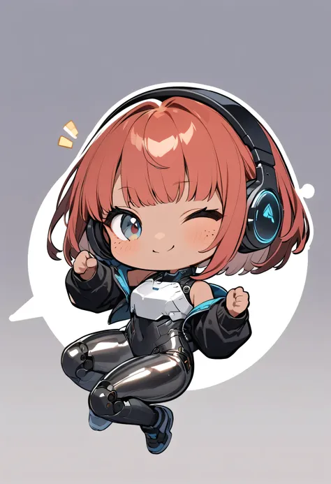 full body,1 girl, Android girl, cyberpunk, chibi emote, chibi character, jumping pose, (cute:1.3),red Hair, left eye yellow, right eye blue, tan skin, freckles｛White breastplate, Black futuristic headphones, Mechanical black glossy metallic Bodysuit, Bare ...