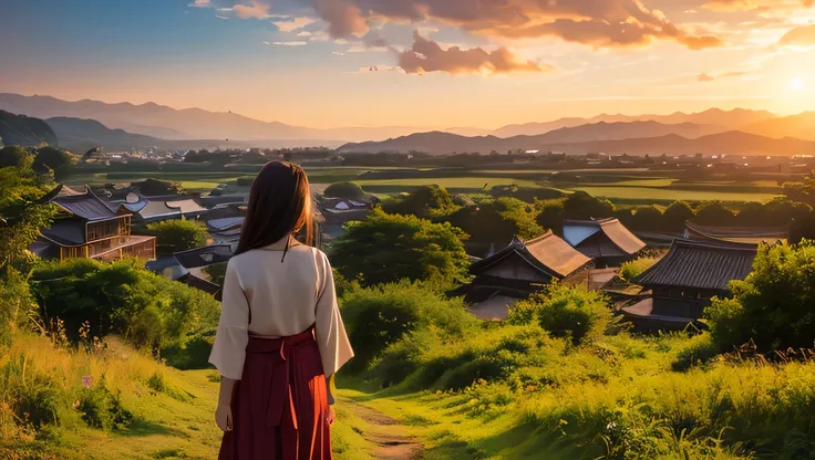 Landscape painting、Japanese village scenery、Photo Style、evening、Cute girl standing backwards、evening、sunset、