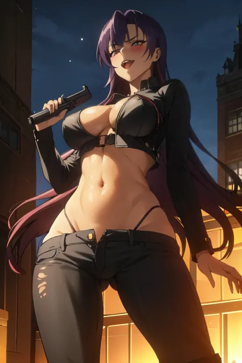 1girl, olnarberal, long hair,  blush, lipstick, outdoors, rooftop, cityscape, building, railing, night, night sky, scenery, city lights, masterpiece, best quality, highly detailed, a girls with a gun, evil smile , open mouth, sexy gaze, badass pose , evil ...