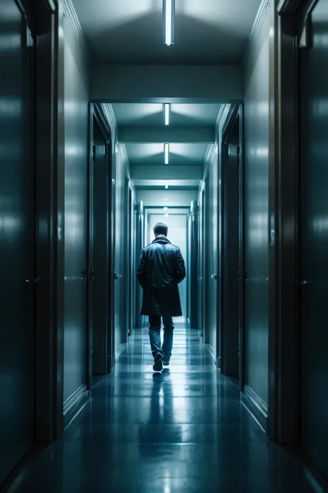 Create an intriguing scene: a lone man walking down a dark corridor, illuminated only by a mysterious blue light. Ahead of him, multiple doors stretch out, each representing a crucial choice. The man hesitates, gazing at the doors, while the corridor seems...