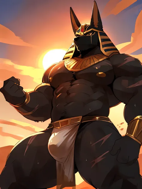 Muscular, male, furry, fluffy, Covered scars, bare chest, hot, (wet: 1.3), abs, wide body, egyptian jewelry, egyptian armor, Looking at viewers, thick beard , (bara pecs: 1.1), anthro jackal, anubis mask, black body, black furr chest, wide body, (big chest...