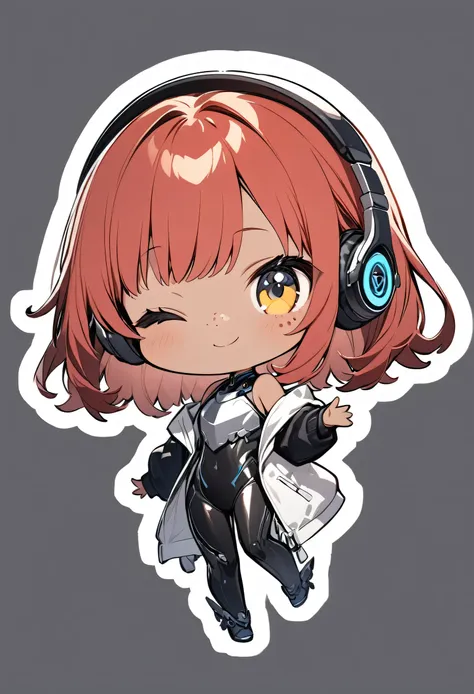 full body,1 girl,(cute:1.3),red Hair, left eye blue, right eye yellow, tan skin, freckles,｛White breastplate, Black futuristic headphones, Mechanical black glossy metallic Bodysuit, Bare shoulders, oversized jacket, Glossy, shiny material,chibi emote, chib...