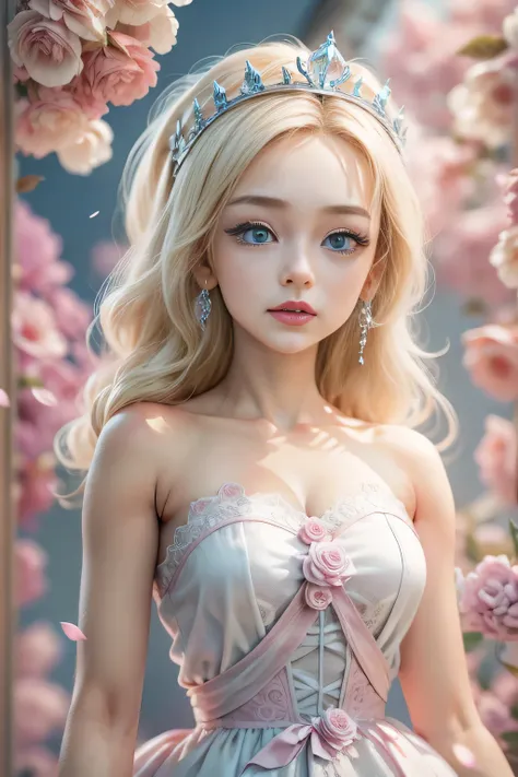 There is a doll in a prom dress, anime barbie in white, Delicate skin, Big blue eyes,Pink rose space,  Anime princess, princess portrait, blond-haired princess, kindly smile, Animated illustration, Disney style, Pixar style, OC Render，Kushatt Krenz Key Art...