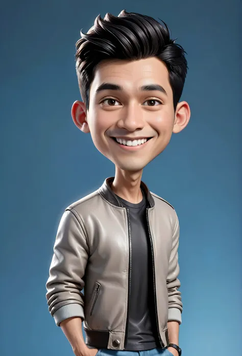 Create a 3D animation of a cartoon caricature with a big head. a 20 year old Indonesian man. He has short black hair parted on the right side. His face is oval with smooth lines, thick and neat black eyebrows, normal eyes, a big nose, and thin lips with a ...
