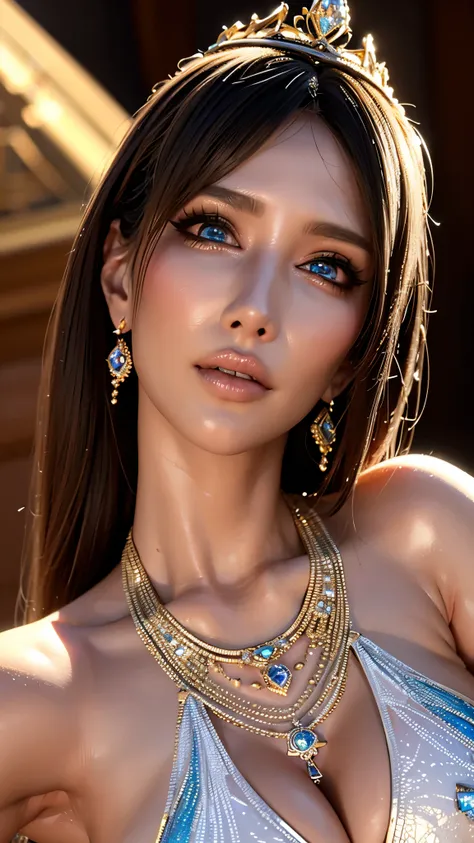 Game Art，Best image quality，Maximum resolution，8K，(A half-length photo)，(portrait)，(Head close-up)，(Rule of Thirds)，Unreal Engine 5 rendering works，20 year old girl，((Queen))，The eyes are very detailed，(Large Breasts)，Elegant and noble，Light，Light line tra...