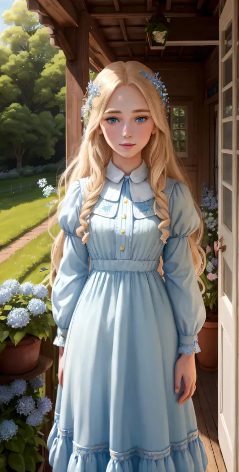 Lily, a beautiful blond girl with very long hair and sparkling blue eyes, stands on the porch of her countryside home. She wears a light blue dress adorned with small flowers, reflecting the morning sun. The garden around her is filled with colorful flower...