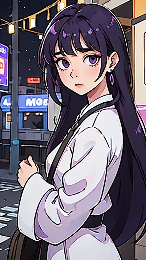 Black Hair、Purple eyes、Earrings、older sister、Beauty、beautiful，Stylish、In front of the station