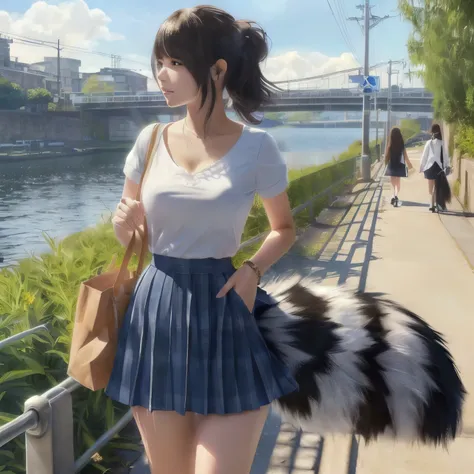 A girl walking down the sidewalk in a skirt and white shirt, Realistic Style, tail, Hairy tail,  Fluffy tail, realスタイル, Realism Style, realスタイル, Photorealistic, Ultra-realistic, thick Fluffy tail, real, Surreal , 狸のtail, photograph, Highest quality