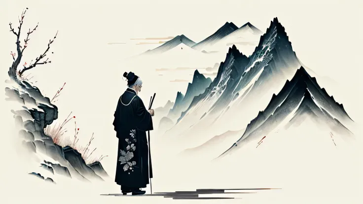 An elderly Chinese medicine practitioner stands and looks up at the mountains，Vision，Costume, inspired by Fu Baoshi, chinese Ink Painting, Chinese painting style, traditional chinese Ink Painting, Inspired by Sōami, black Ink Painting, Ink Painting, Ink st...