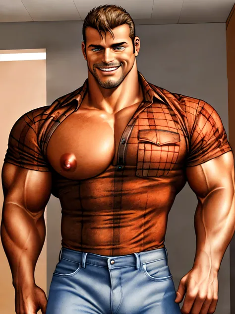 wild muscle man, (40 year old daddy:1.1), 1 chico, Alone, (wearing a red plaid shirt outside), (gray t-shirt inside), (big shoulders), musculature, stubble, short beard, pretty eyes:1.3, ), (detailed face:1.3), smiles, Dynamic Angle, volumetric lighting, (...