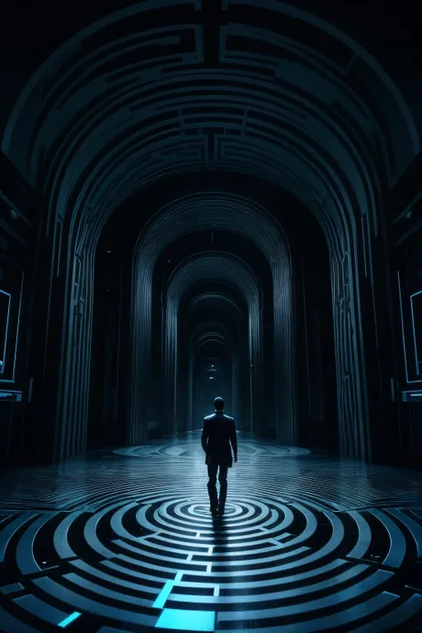 Create an intriguing scene: a man walking in a minimalist labyrinth, with multiple overlapping mazes. The style should evoke the opening sequence of the series ‘Dark Matter