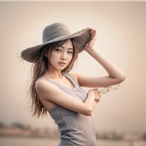 8k, RAW photo, best quality, masterpiece, realistic, photo-realistic, clear, professional lighting, beautiful face, best quality, ultra high res,
BREAK
a woman wearing a hat and smiling for the camera with her hands on her head and her hair in the wind, gi...