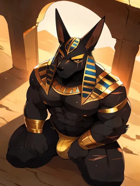 Muscular, male, furry, fluffy, Covered scars, bare chest, hot, (wet: 1.3), abs, wide body, egyptian jewelry, egyptian armor, Looking at viewers, thick beard , (bara pecs: 1.1), anthro jackal, anubis mask, black body, black furr chest, wide body, (big chest...