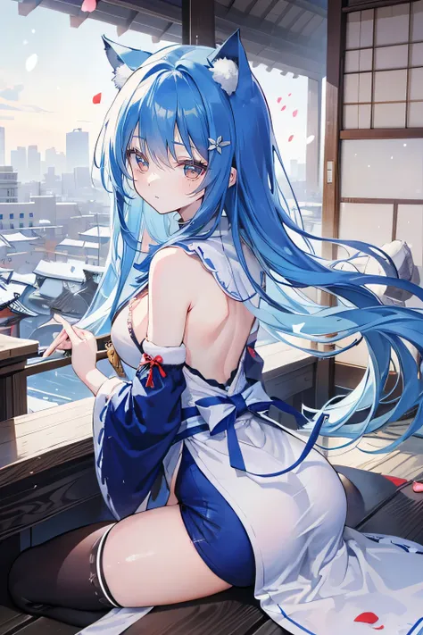 （masterpiece：1.2），Super detailed，lifelike，Expressive eyes，fair skin，perfect face shape，1 girl，
Japanese comics,Gorgeous blue hair,flowing blue hair,flowing clothes,Cat ears,Petals fall,beautiful lola,Baby Angel,
Shaking head with one hand，Cross your legs，G...