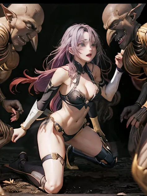 highest quality、battle of despair 1:8、beautiful woman with very long purple hair、white armor（exposing the breasts、off the should...