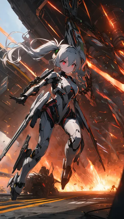 best quality, super fine, 16k, 2.5D, delicate and dynamic depiction, female mechanical android with fully mechanical body, pigtails made of chains, eyes flashing red, on combat alert, exiting hangar full of instruments