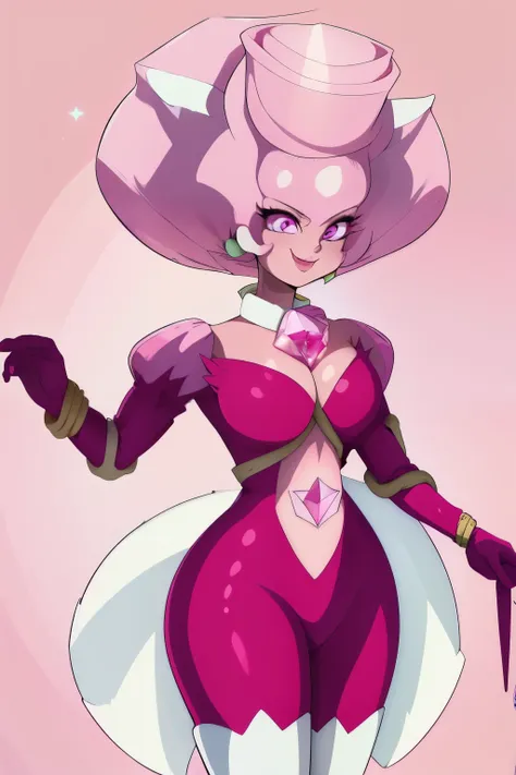 pnkdamond, pink hair, pink eyes,  big hair,  stomach gem,  pink skin,  toned, 
puffy short sleeves, elbow gloves ,  white thighh...