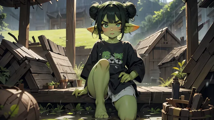 Best god quality, detailed, perfect anatomy, little goblin girl, goblin in just a big shirt, no shorts, no socks, exposed thighs, naked thighs, raining, its raining hard, night, house, pointy ears, long ears, green skin, she has black hair, cute, big green...