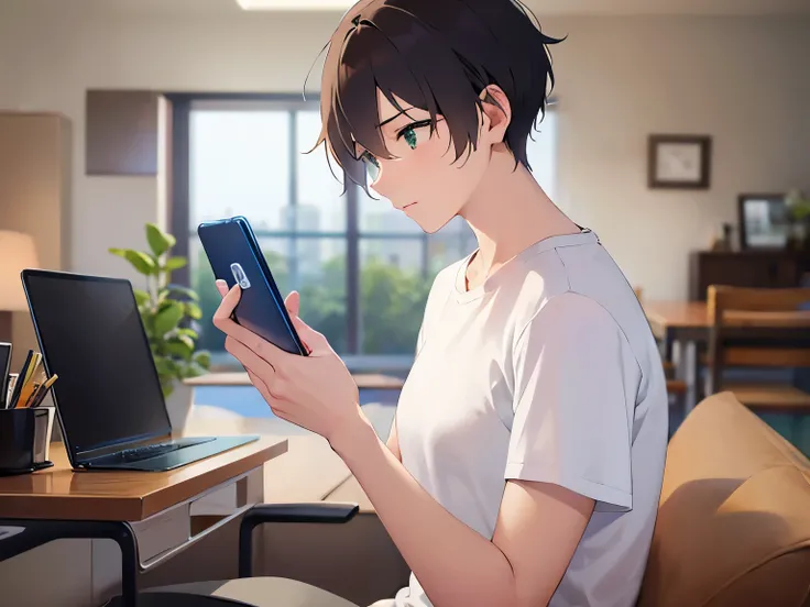side angle,(looking down:1.5),shiny skin,masterpiece,Highest quality,BREAK(A man of 26:1.5)and(Brown short hair)and(Green Eyes)BREAK,(White T-shirt:1.5),(shy:1.3),The background is the living room of the house,(Alone:1.5),(Holding a smartphone in your hand...