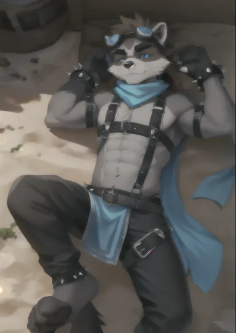 teen furry, furry, teenager, raccoon, grey body, long brown spiked_ponytail, Detailed body fur, long blue scarf, leather_harness, black baggy pants, blu loincloth, goggles, masterpiece, gray body, Detailed face, big eyebrows, blue eyes, detailed eyes, No m...