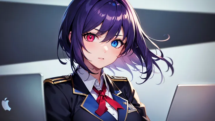 Highest quality, 8K, 4K, High resolution, (Beautifully detailed face), High Contrast,1girl,only,short hair,purple hair,heterochromia(red eyes,blue eyes), Highly detailed slanted eyes, Moderately sized breasts, Blazer-type uniform, During a break, laptop