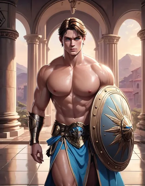 chiaroscuro technique on sensual illustration of an masculine, 26-year-old Italian male model, handsome Roman, (John Cena) he is the god of war, he is Ares, Mars, evil-looking, strong look, light blue eyes, strong jawline, dressed as a gladiator, ancient g...