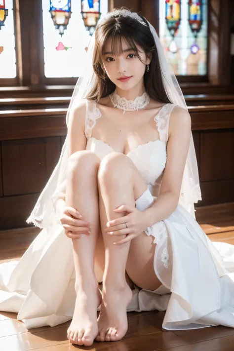 8K RAW Photos, Highest quality, masterpiece, Ultra-high resolution, 3d, Realistic, One girl, Asian, black_hair, nose, wedding dress, Natural skin texture, light brown_eye, detailed eyes and face, lips, lipstick, smile, perfect legs,Beautiful feet, Beautifu...