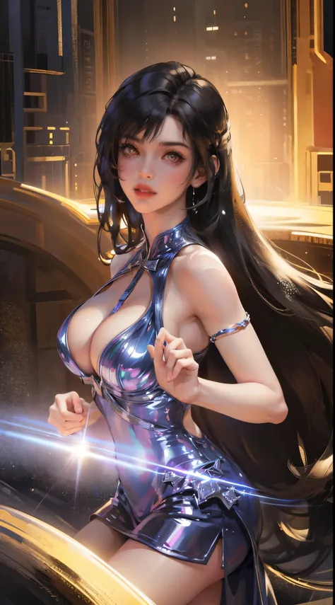 "(best quality,highres,realistic:1.2),sexy woman,sequin dress,sleeveless,cleavage,modern,stylish,futuristic,ultra-detailed,party atmosphere,vivid colors,dynamic lighting"
