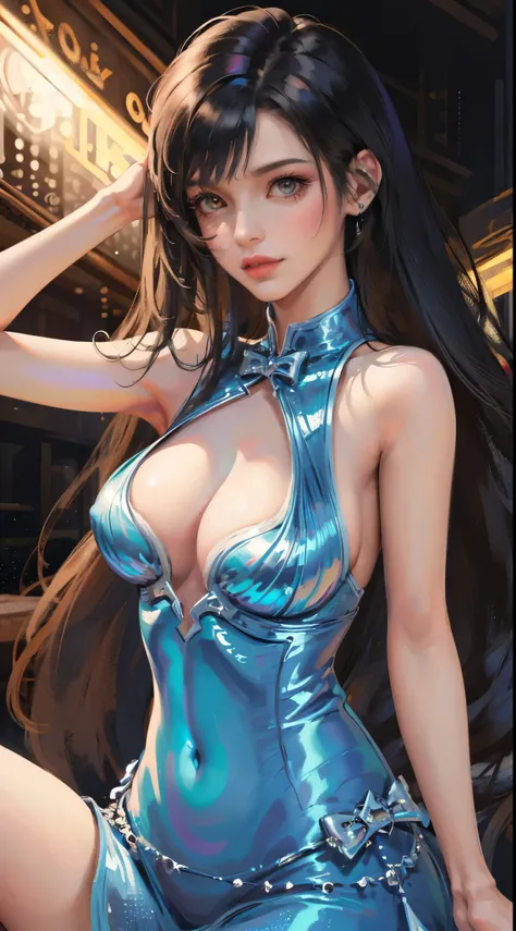 "(best quality,highres,realistic:1.2),sexy woman,sequin dress,sleeveless,cleavage,modern,stylish,futuristic,ultra-detailed,party atmosphere,vivid colors,dynamic lighting"
