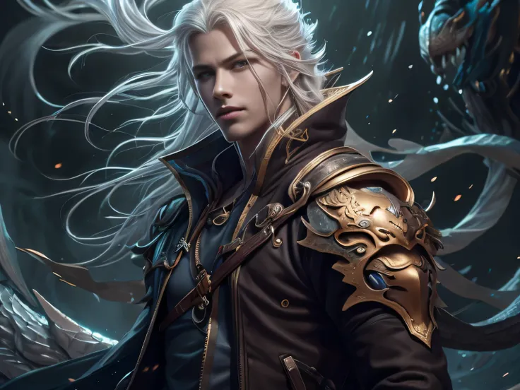 (Best Quality, 8K, Masterpiece, HDR, Soft Lighting, Picture Perfect, Realistic, Vivid), Male Humanoid Dragon (1.0), 1 Guy, Perfect Face, Super Detailed Photo of a Gorgeous Humanoid Dragon Man with Long White Hair, Side by Side lies a white dragon, Beautifu...