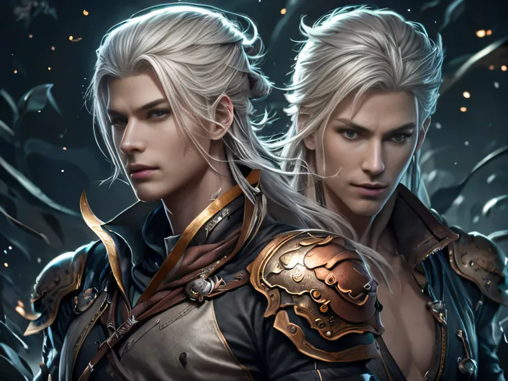 (Best Quality, 8K, Masterpiece, HDR, Soft Lighting, Picture Perfect, Realistic, Vivid), Male Humanoid Dragon (1.0), 1 Guy, Perfect Face, Super Detailed Photo of a Gorgeous Humanoid Dragon Man with Long White Hair, Side by Side lies a white dragon, Beautifu...